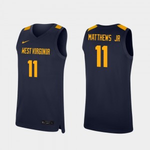 Emmitt Matthews Jr. WVU Jersey #11 College Basketball Replica Navy Mens 137842-926