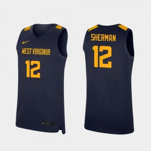 Navy #12 Taz Sherman WVU Jersey Men's College Basketball Replica 965706-612